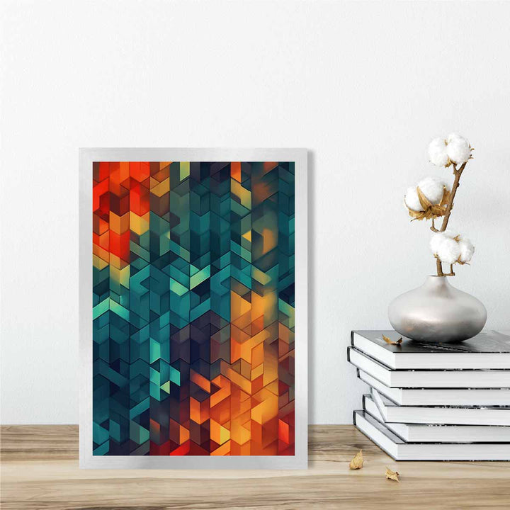 Abstrakt kunsttrykk med geometriske former, blått, oransje og rødt nr. 2