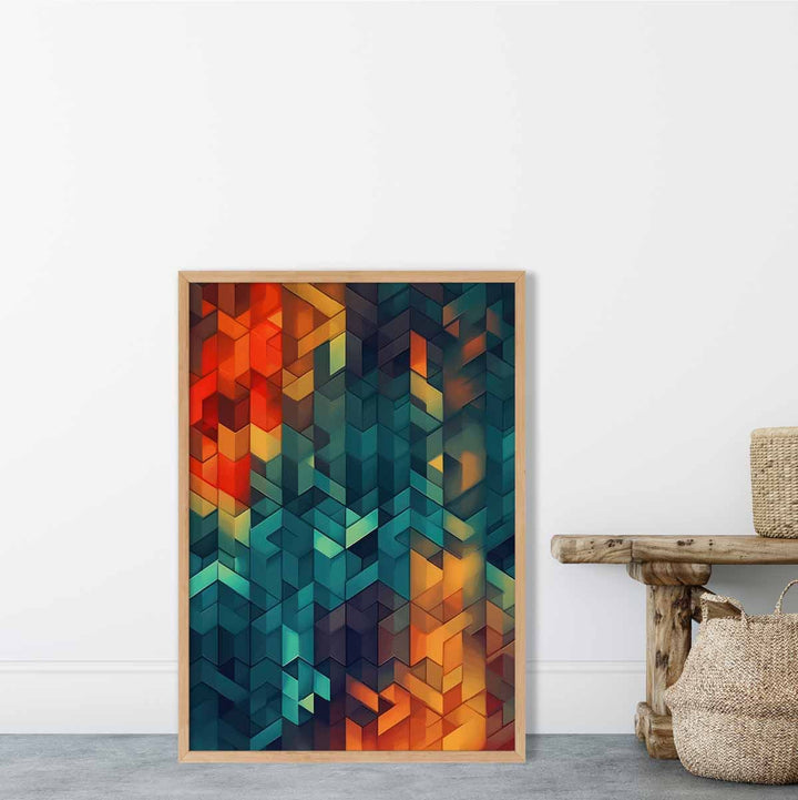 Abstrakt kunsttrykk med geometriske former, blå, oransje og rød, nr. 3