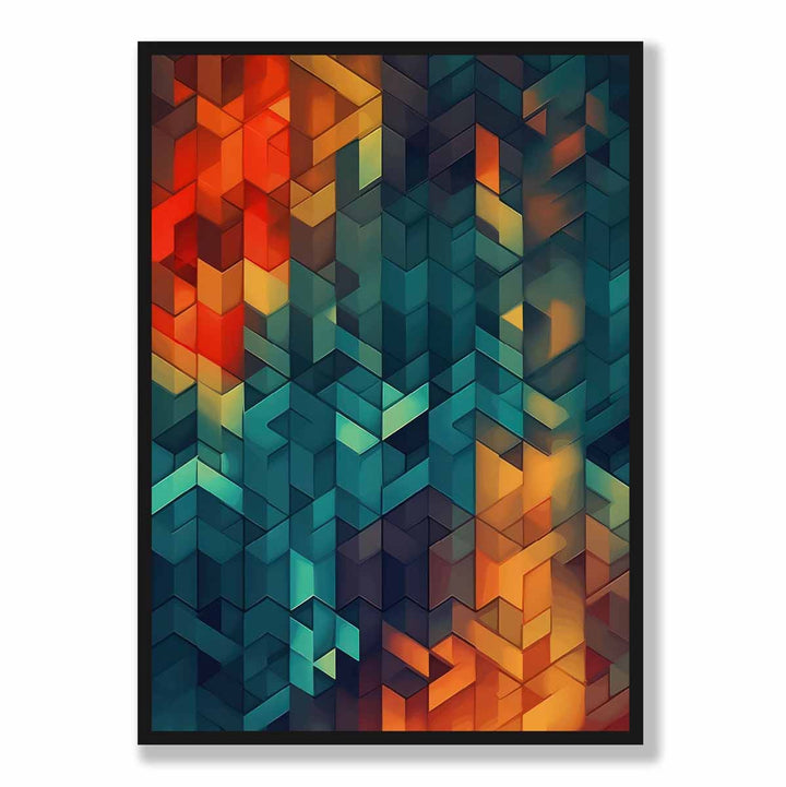 Abstrakt kunsttrykk med geometriske former, blå, oransje og rød, nr. 3