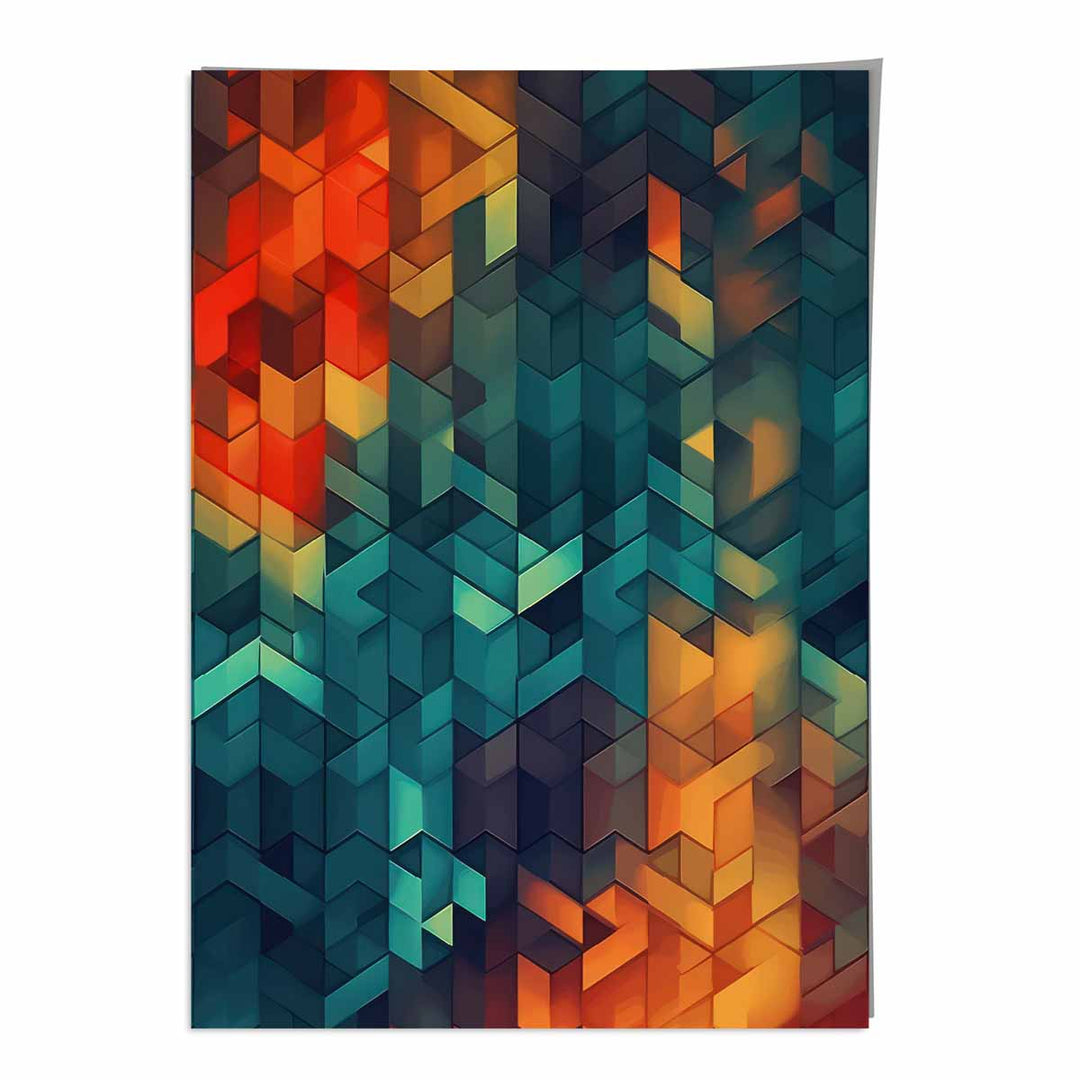 Abstrakt kunsttrykk med geometriske former, blå, oransje og rød, nr. 3