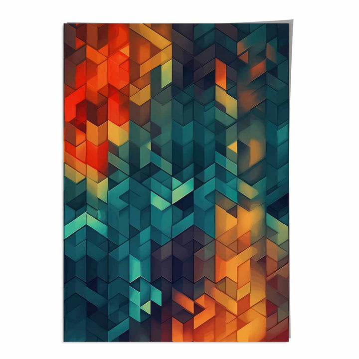 Abstrakt kunsttrykk med geometriske former, blå, oransje og rød, nr. 3