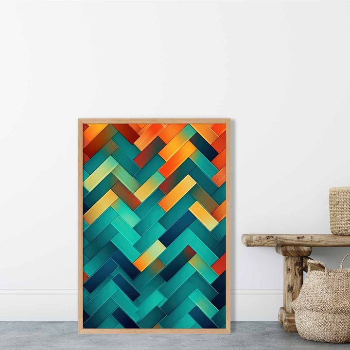 Abstrakt kunsttrykk med geometriske former i turkis, blått, oransje og rødt nr. 1