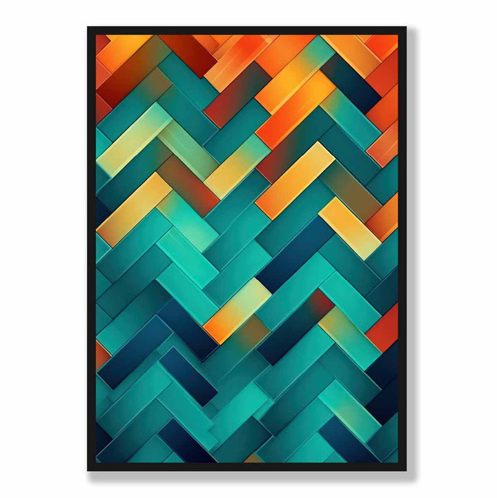 Abstrakt kunsttrykk med geometriske former i turkis, blått, oransje og rødt nr. 1