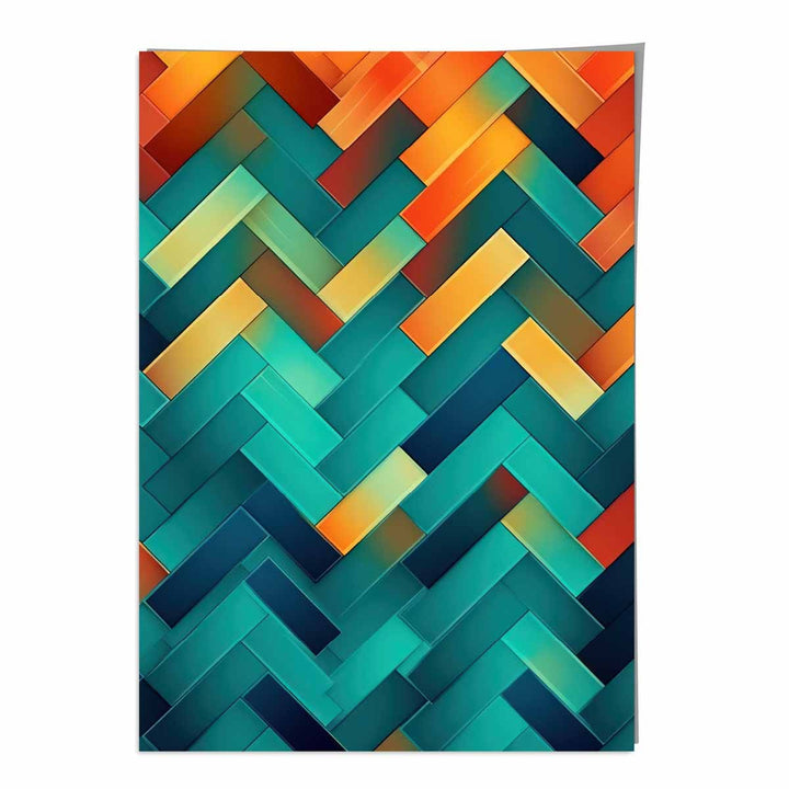 Abstrakt kunsttrykk med geometriske former i turkis, blått, oransje og rødt nr. 1