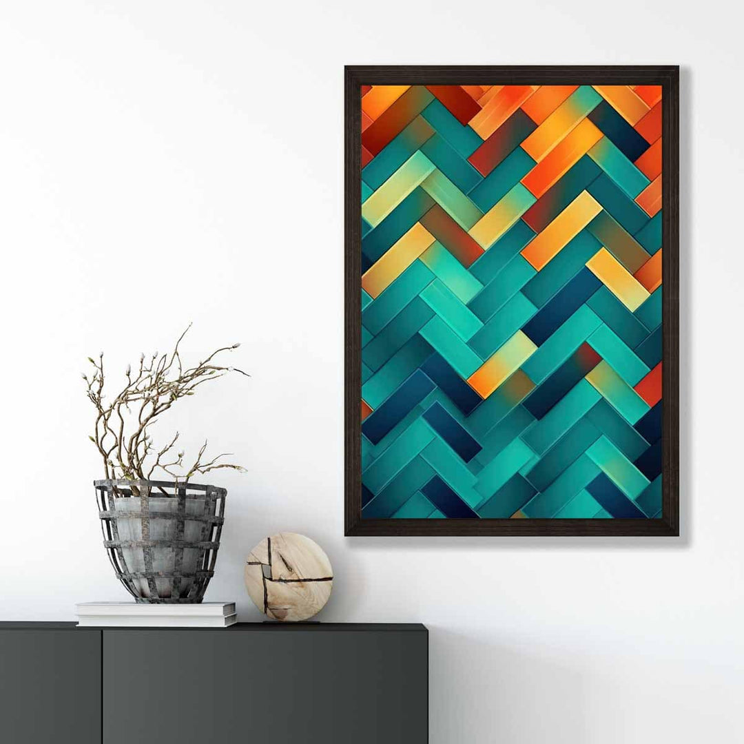 Abstrakt kunsttrykk med geometriske former i turkis, blått, oransje og rødt nr. 1
