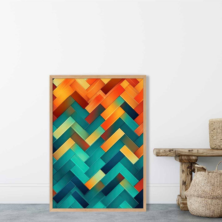 Abstrakt kunsttrykk med geometriske former i turkis, blått, oransje og rødt nr. 2