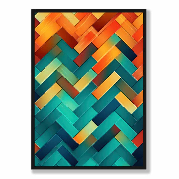 Abstrakt kunsttrykk med geometriske former i turkis, blått, oransje og rødt nr. 2