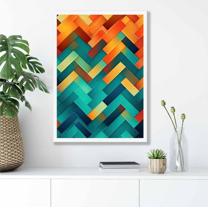 Abstrakt kunsttrykk med geometriske former i turkis, blått, oransje og rødt nr. 2