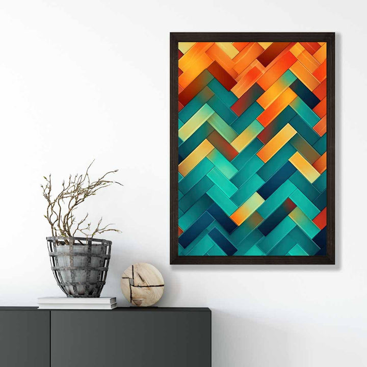 Abstrakt kunsttrykk med geometriske former i turkis, blått, oransje og rødt nr. 2