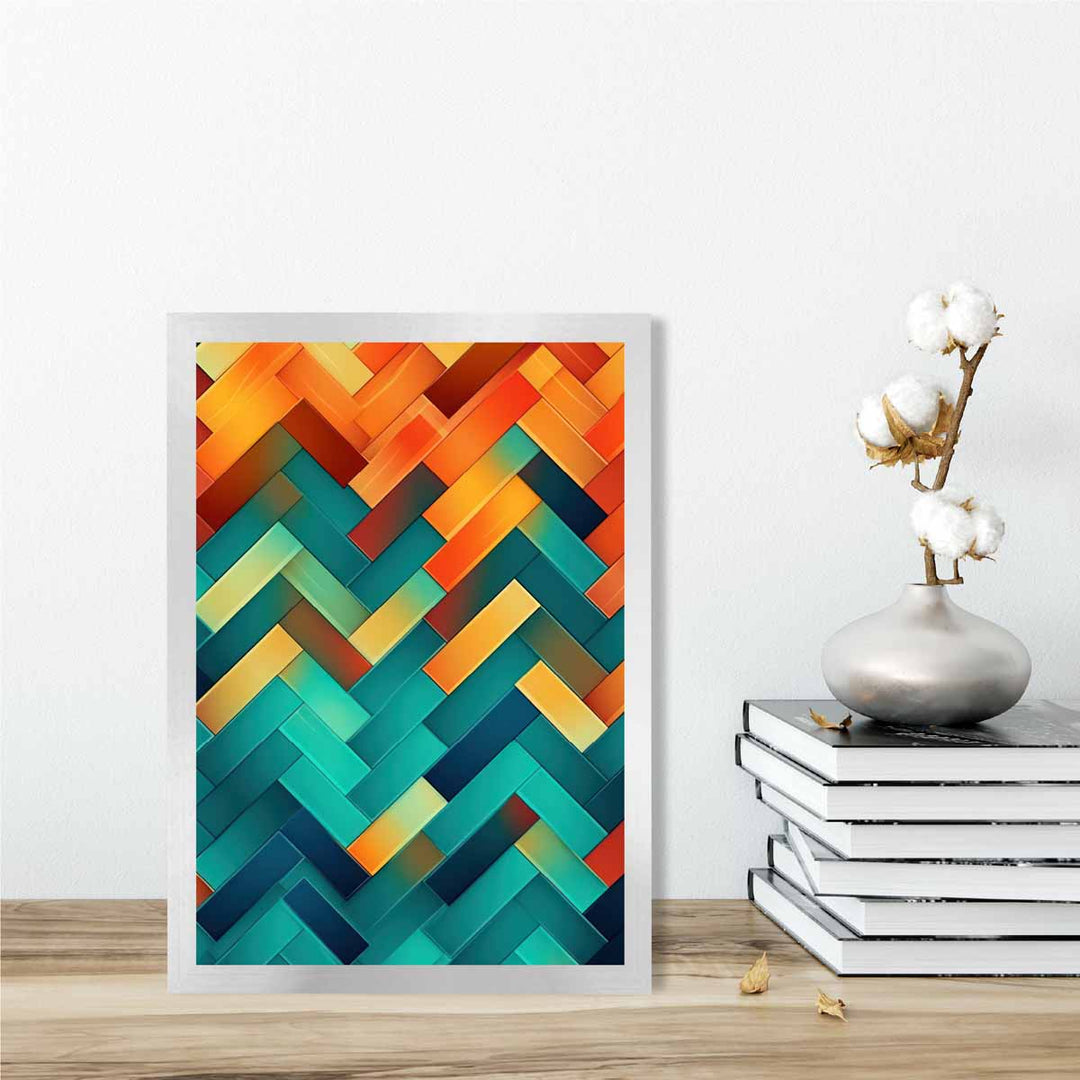 Abstrakt kunsttrykk med geometriske former i turkis, blått, oransje og rødt nr. 2