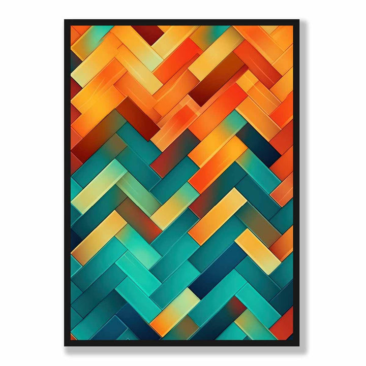 Abstrakt kunsttrykk med geometriske former i turkis, blått, oransje og rødt, nr. 3