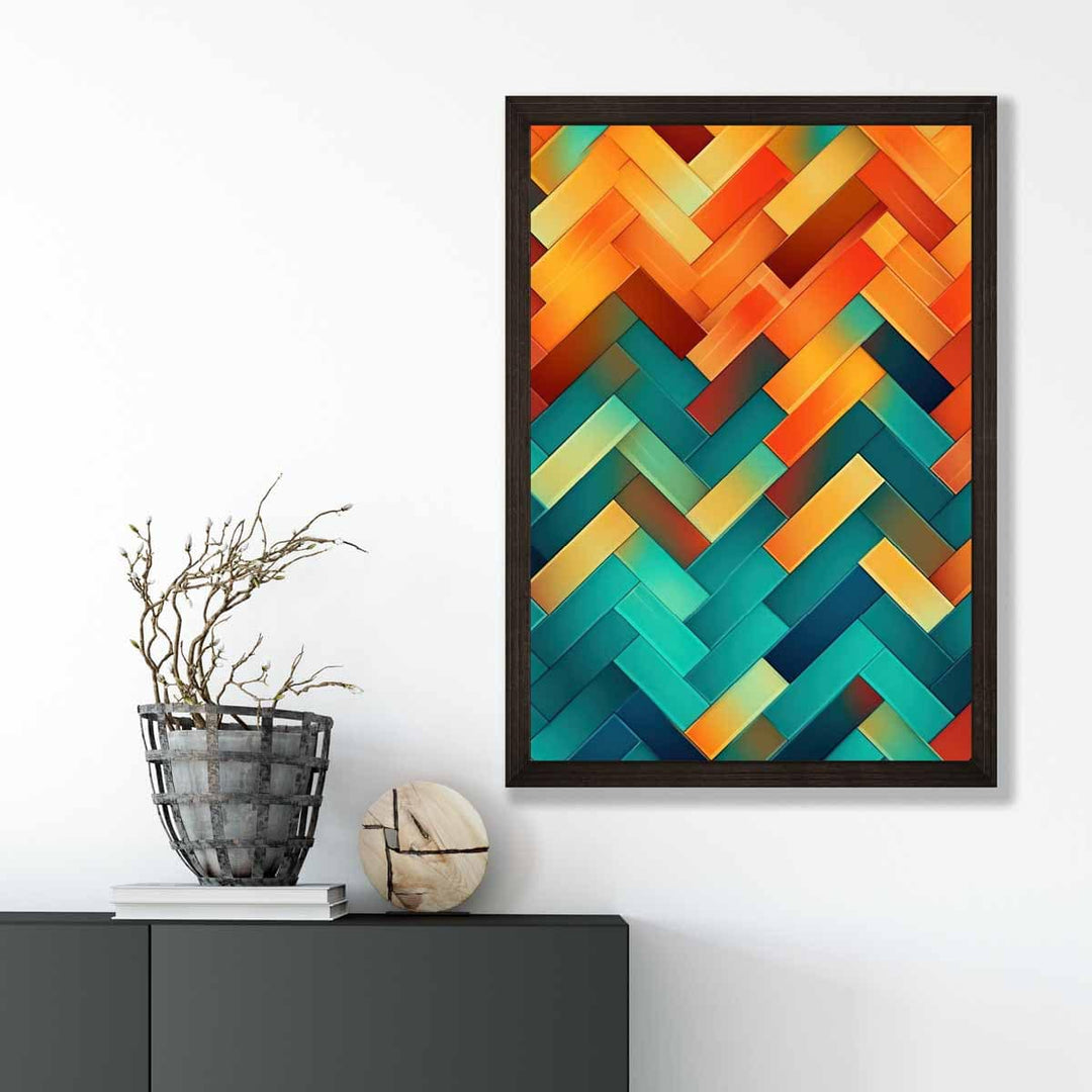 Abstrakt kunsttrykk med geometriske former i turkis, blått, oransje og rødt, nr. 3