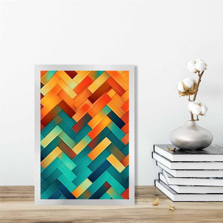 Abstrakt kunsttrykk med geometriske former i turkis, blått, oransje og rødt, nr. 3