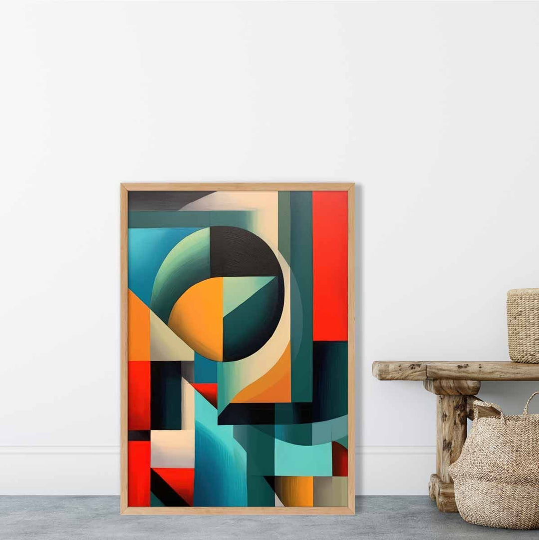 Abstrakt kunsttrykk med fargerike former, blå, rød, oransje nr. 1
