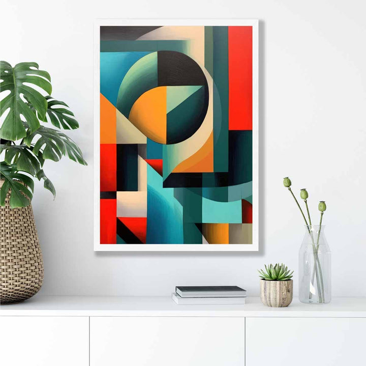 Abstrakt kunsttrykk med fargerike former, blå, rød, oransje nr. 1