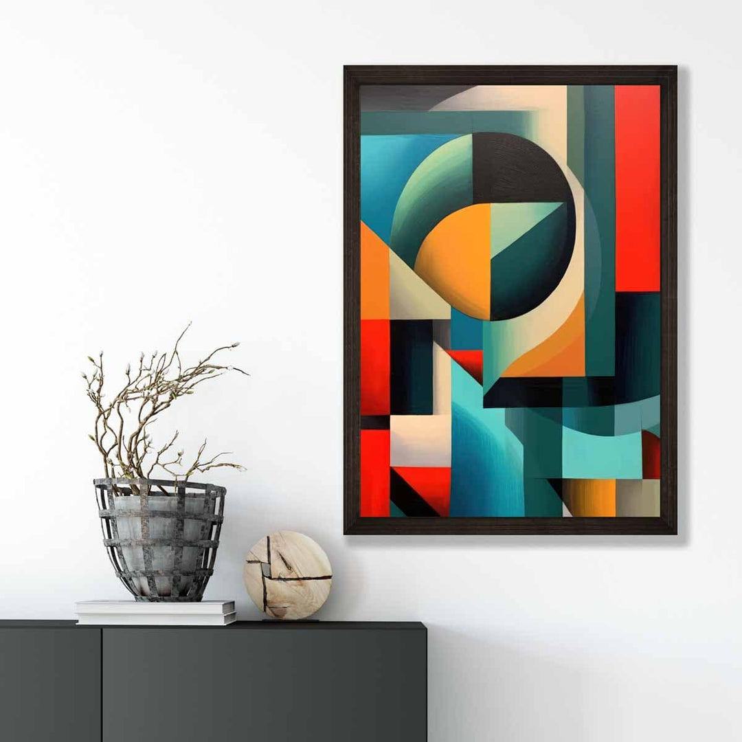 Abstrakt kunsttrykk med fargerike former, blå, rød, oransje nr. 1