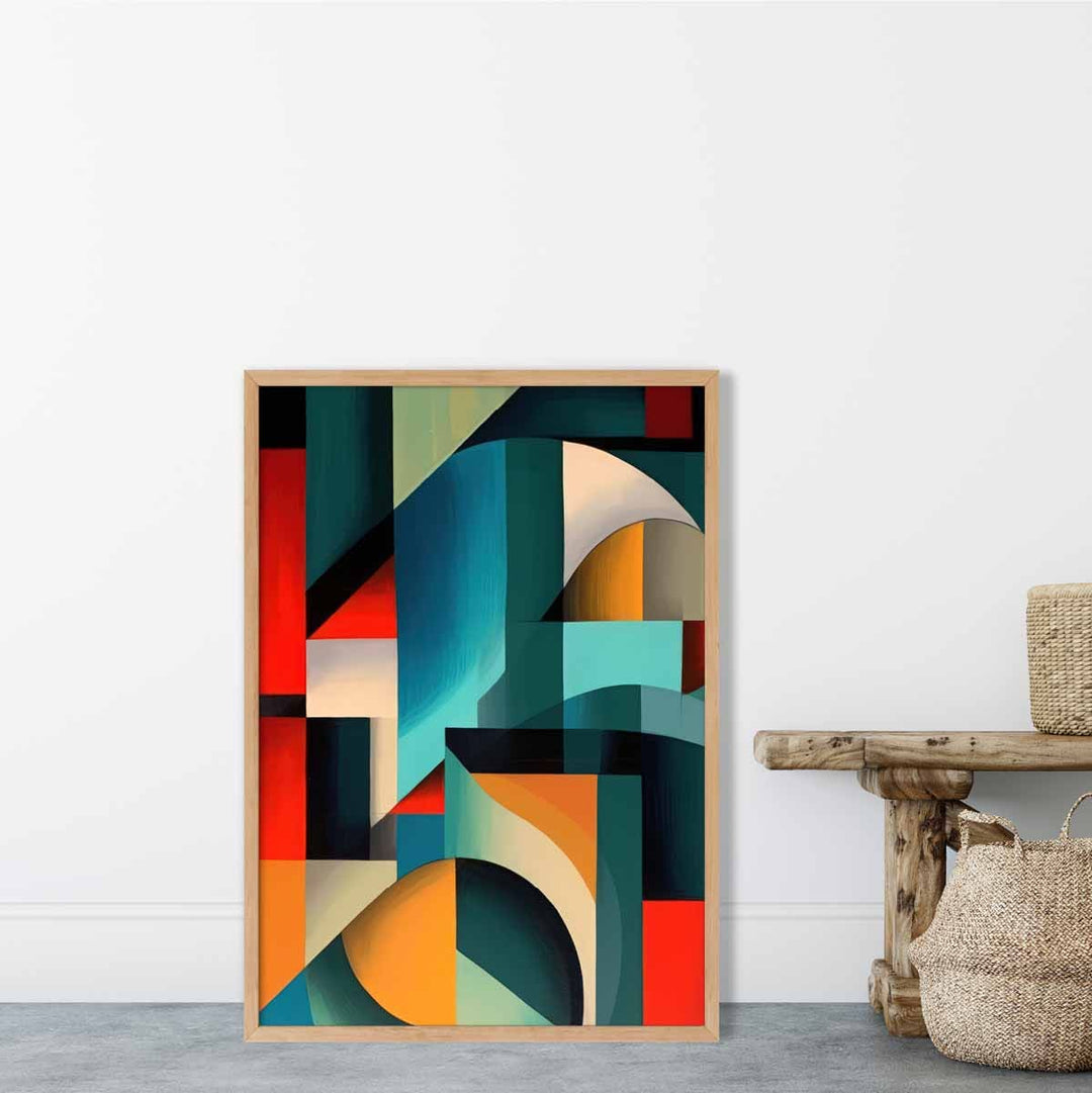 Abstrakt kunsttrykk med fargerike former, blå, rød, oransje nr. 2