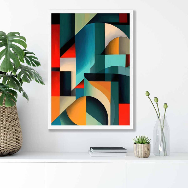 Abstrakt kunsttrykk med fargerike former, blå, rød, oransje nr. 2