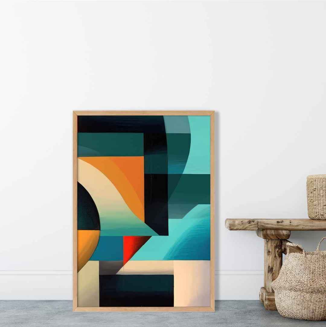 Abstrakt kunsttrykk med fargerike former, blå, rød, oransje, nr. 4