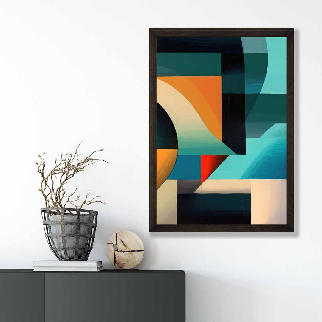 Abstrakt kunsttrykk med fargerike former, blå, rød, oransje, nr. 4