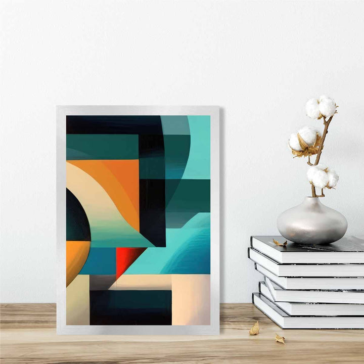 Abstrakt kunsttrykk med fargerike former, blå, rød, oransje, nr. 4