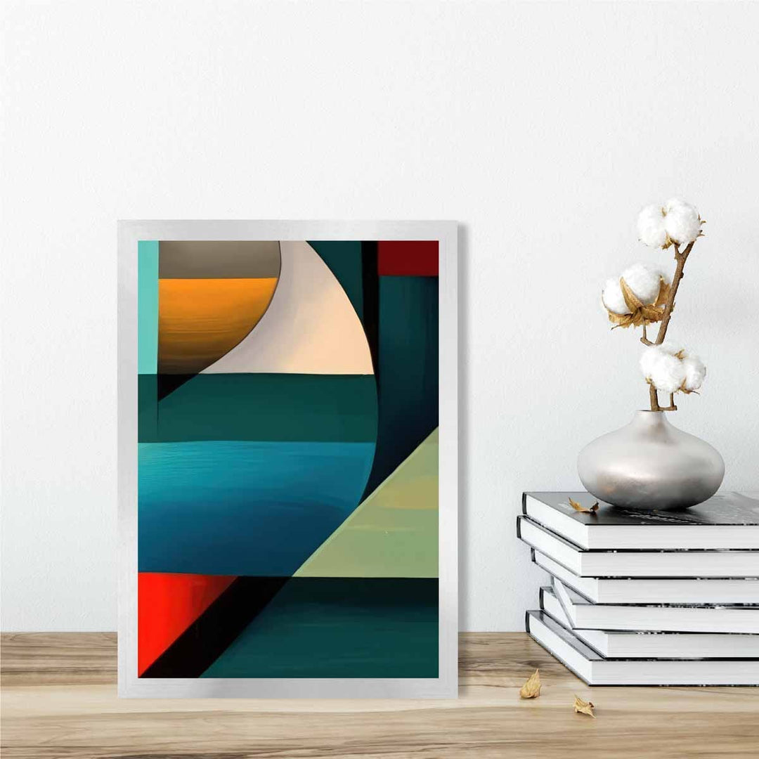 Abstrakt kunsttrykk med fargerike former, blå, rød, oransje, nr. 5