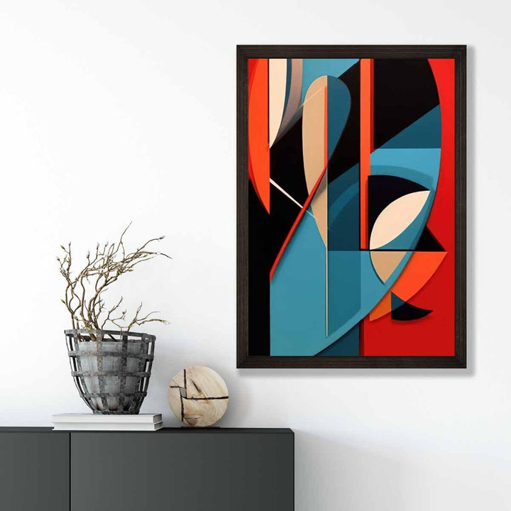 Abstrakt kunsttrykk med fargerike former, blå, rød, beige nr. 1