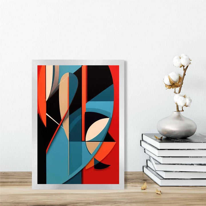 Abstrakt kunsttrykk med fargerike former, blå, rød, beige nr. 1