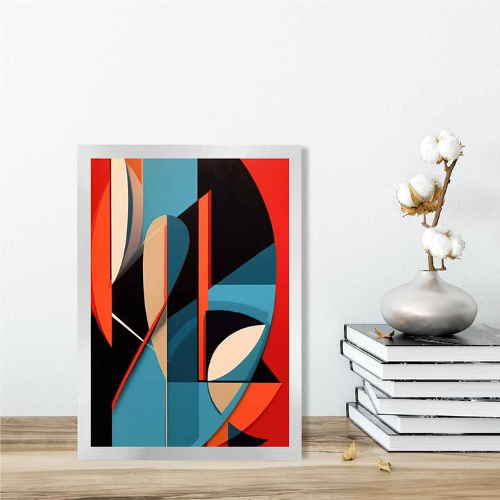 Abstrakt kunsttrykk med fargede former, blå, rød, beige, nr. 2