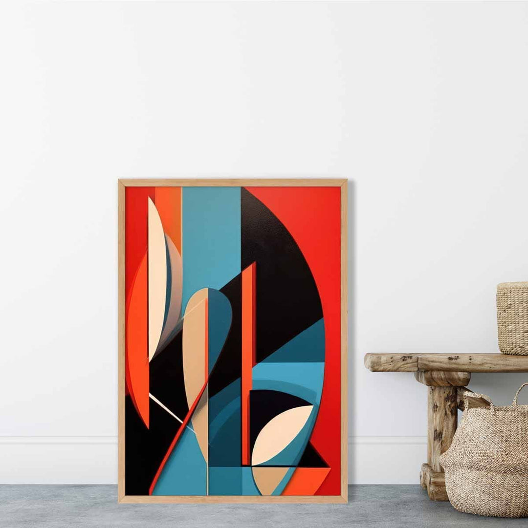 Abstrakt kunsttrykk med fargerike former, blå, rød, beige, nr. 3