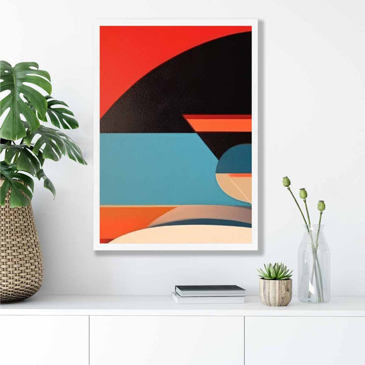 Abstrakt kunsttrykk med fargerike former, blå, rød, beige, nr. 4