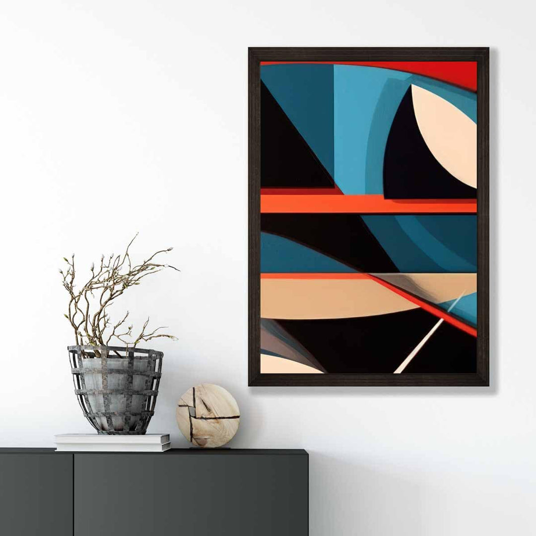 Abstrakt kunsttrykk med fargerike former, blå, rød, beige, nr. 5