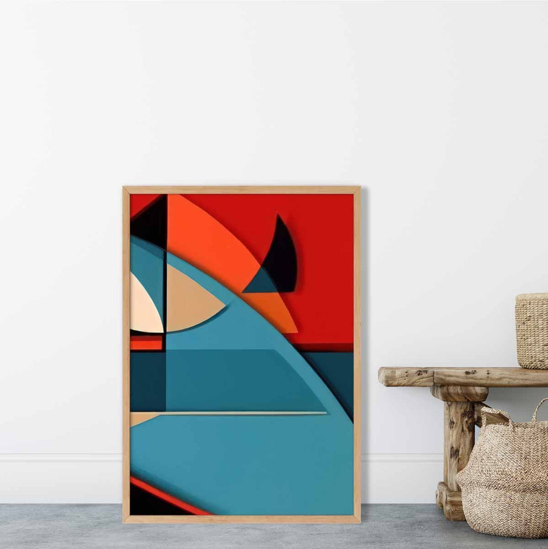 Abstrakt kunsttrykk med fargerike former, blå, rød, beige, nr. 6
