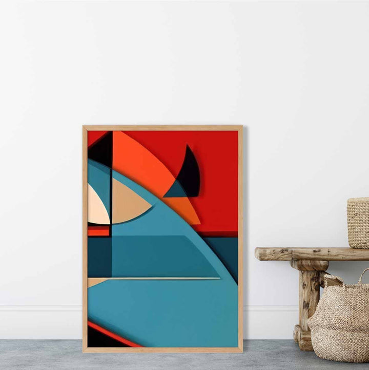 Abstrakt kunsttrykk med fargerike former, blå, rød, beige, nr. 6