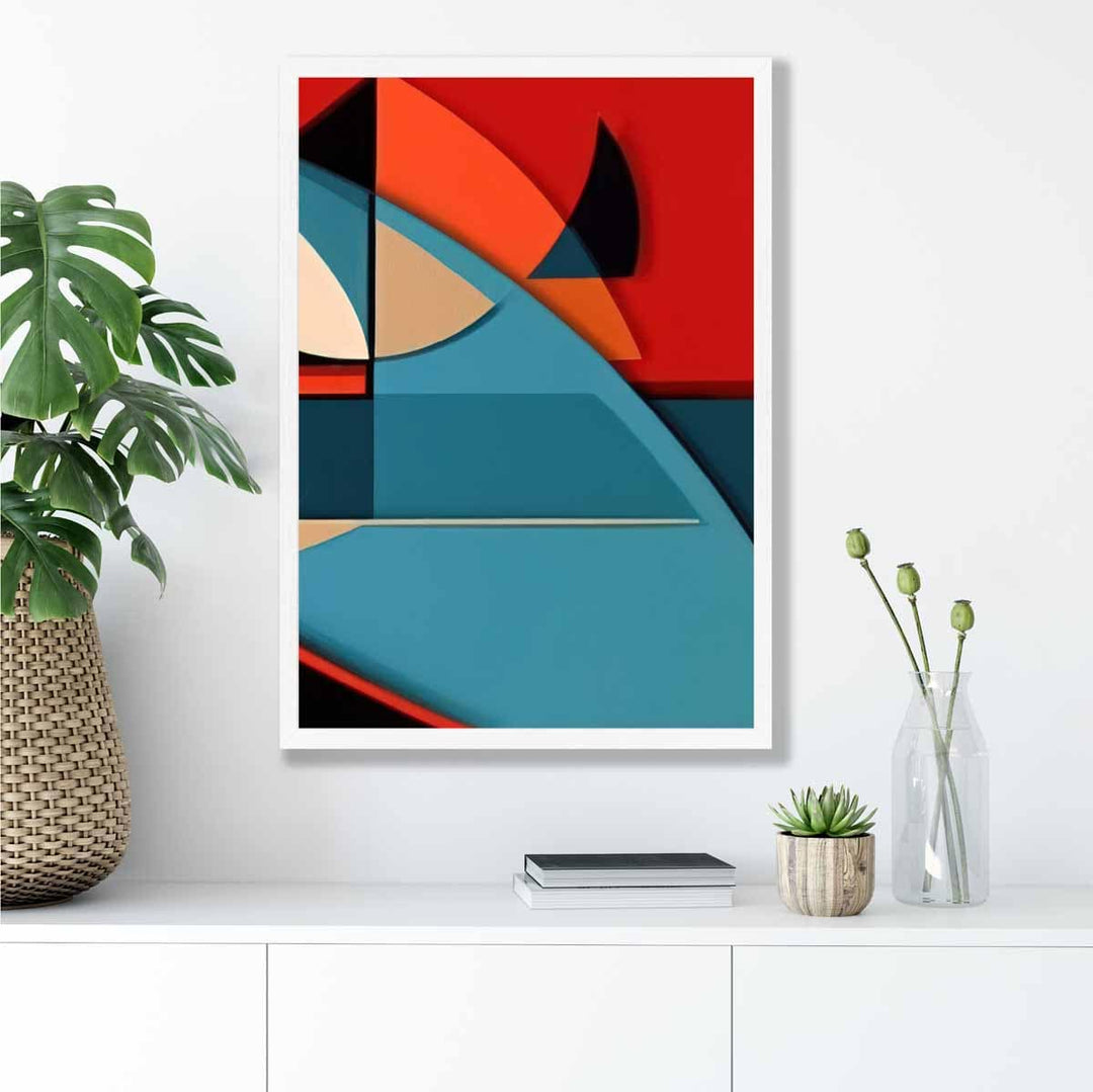 Abstrakt kunsttrykk med fargerike former, blå, rød, beige, nr. 6