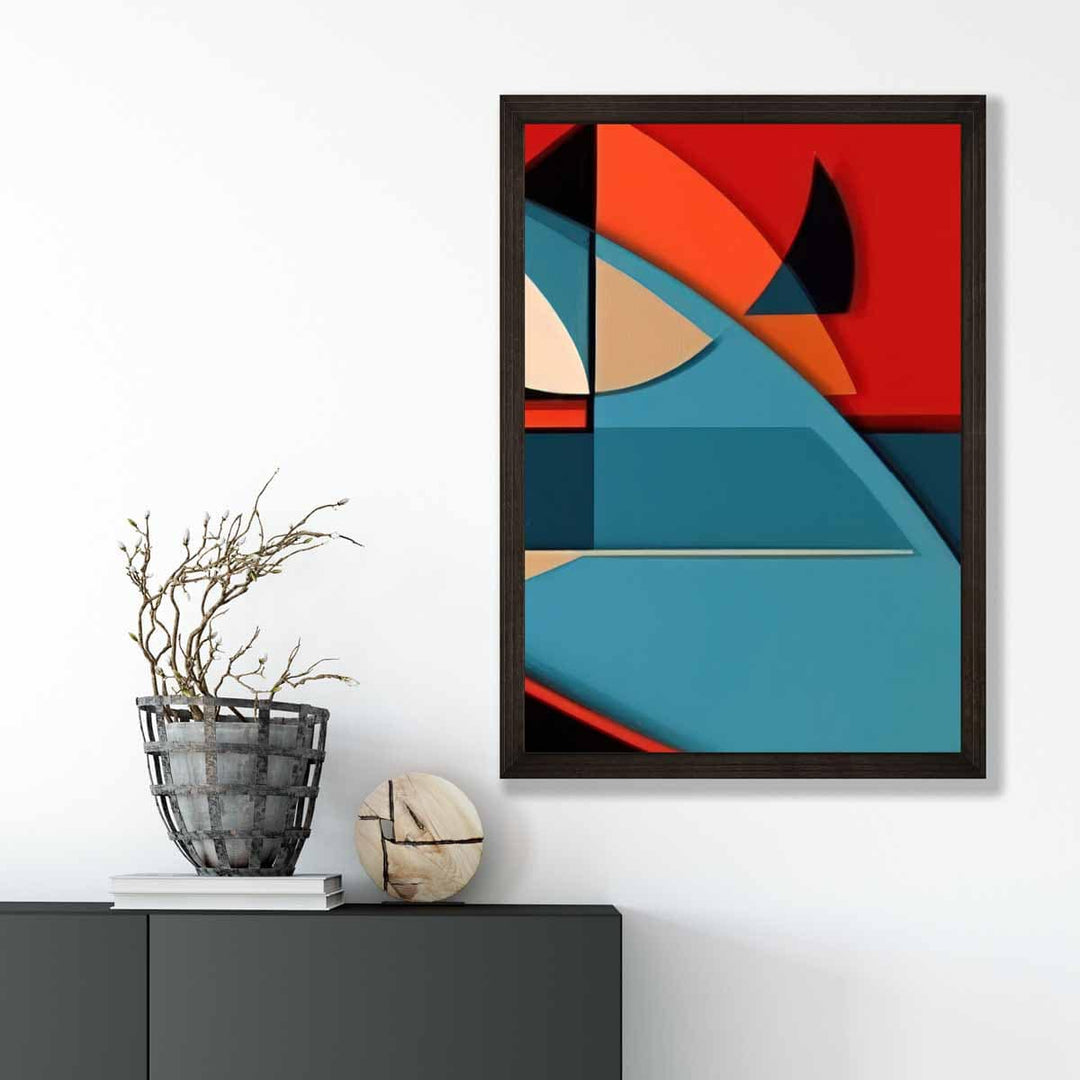 Abstrakt kunsttrykk med fargerike former, blå, rød, beige, nr. 6