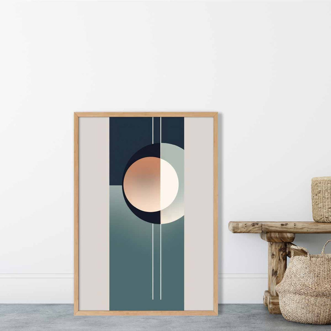 Kunsttrykk med abstrakte former i marineblått, beige og grått nr. 2