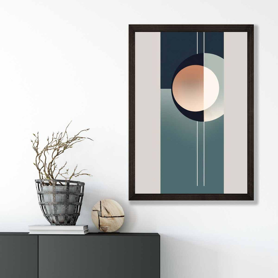 Kunsttrykk med abstrakte former i marineblått, beige og grått nr. 2