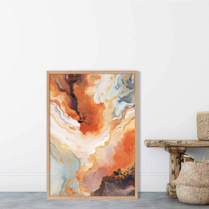 Abstrakt maleri, flytende kunsttrykk, oransje, grått og gull nr. 1