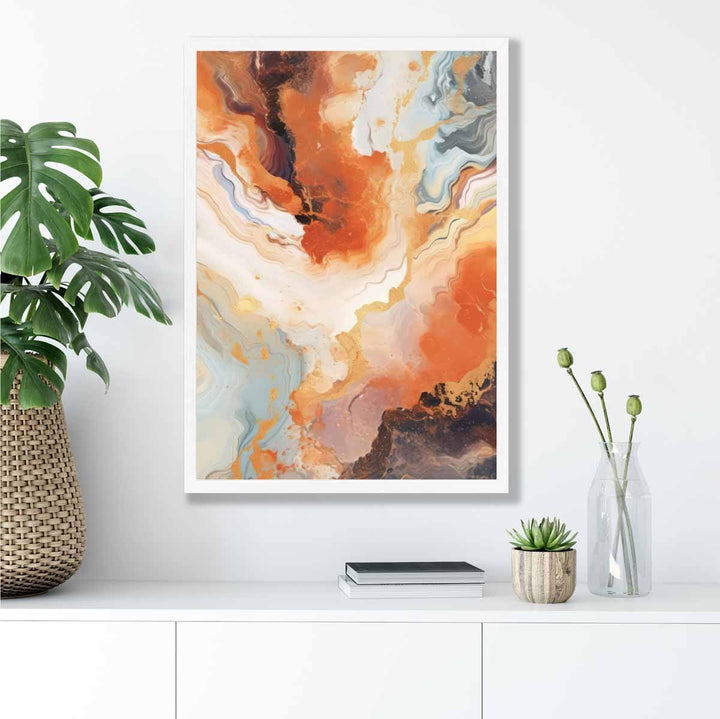 Abstrakt maleri, flytende kunsttrykk, oransje, grått og gull nr. 1