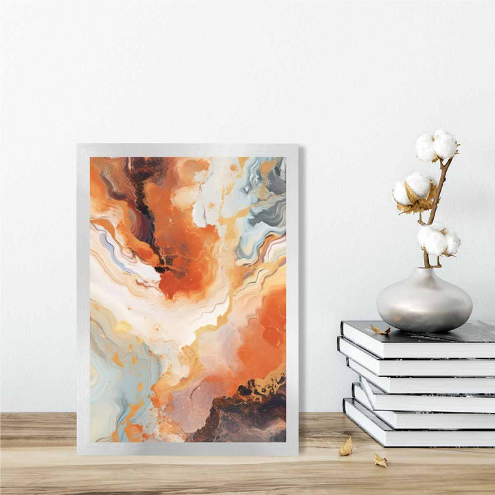 Abstrakt maleri, flytende kunsttrykk, oransje, grått og gull nr. 1