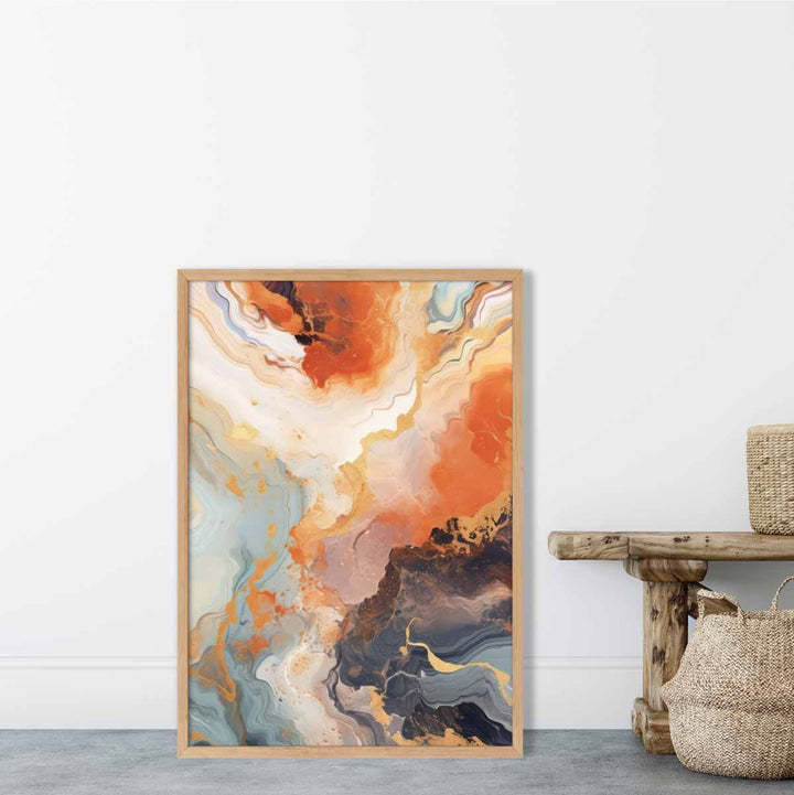 Abstrakt maleri, flytende kunsttrykk, oransje, grått og gull nr. 3