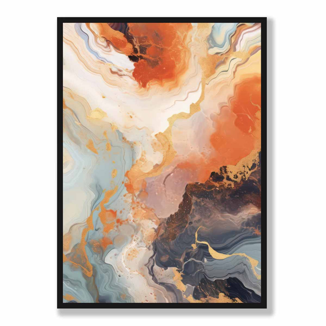 Abstrakt maleri, flytende kunsttrykk, oransje, grått og gull nr. 2