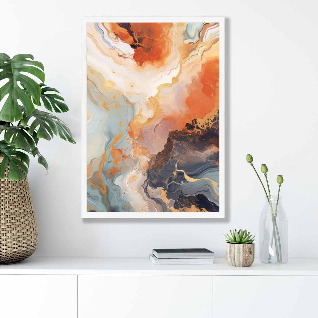 Abstrakt maleri, flytende kunsttrykk, oransje, grått og gull nr. 2