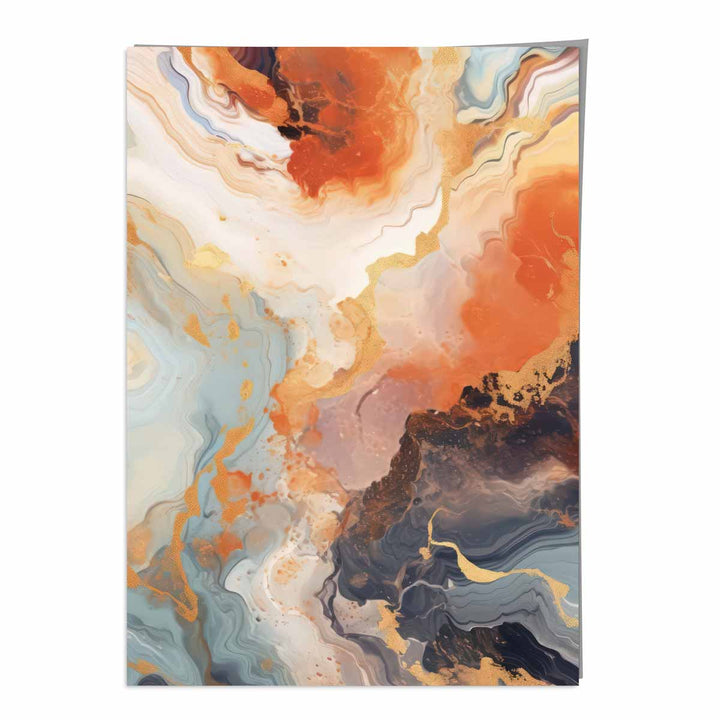 Abstrakt maleri, flytende kunsttrykk, oransje, grått og gull nr. 2