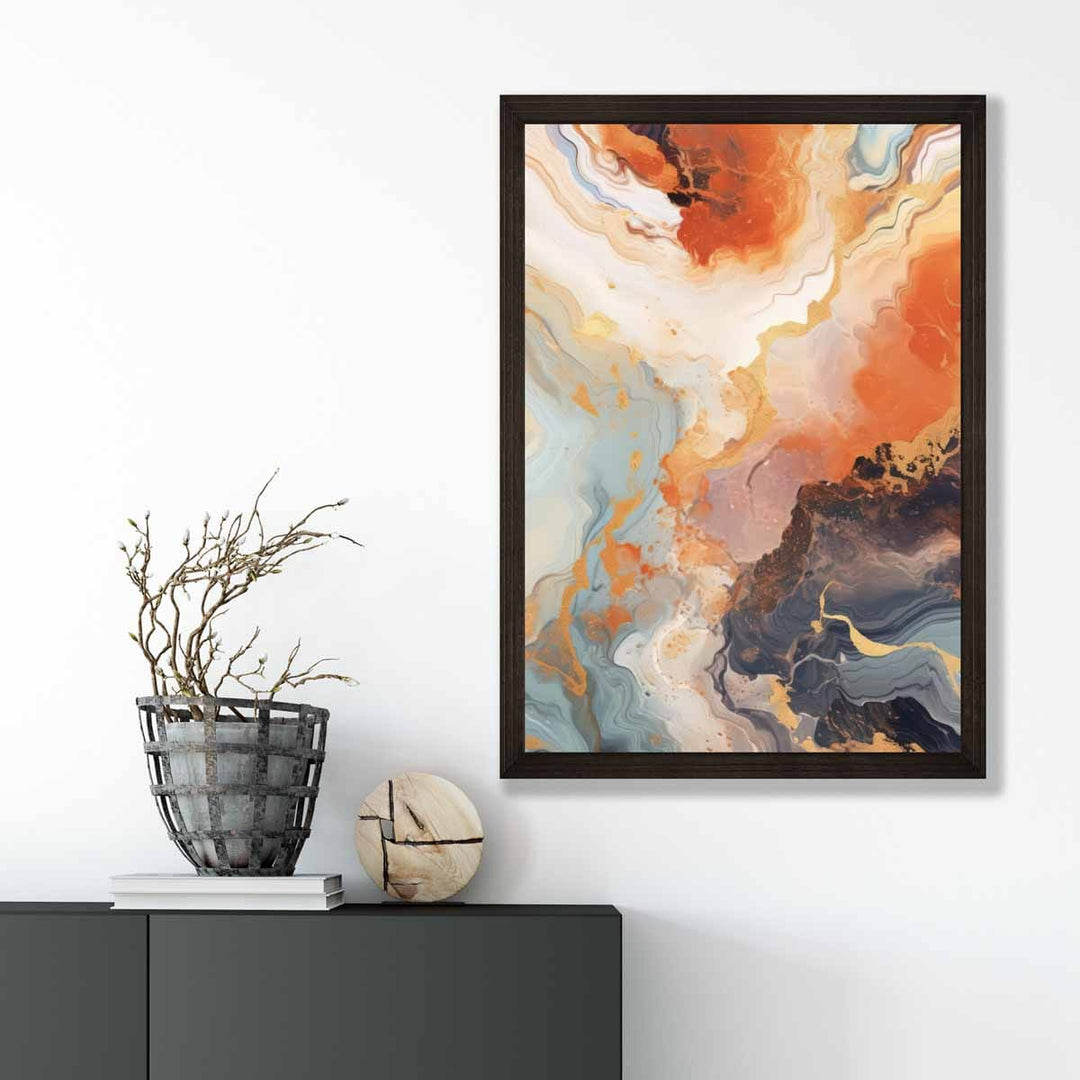 Abstrakt maleri, flytende kunsttrykk, oransje, grått og gull nr. 2