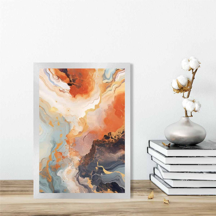 Abstrakt maleri, flytende kunsttrykk, oransje, grått og gull nr. 3