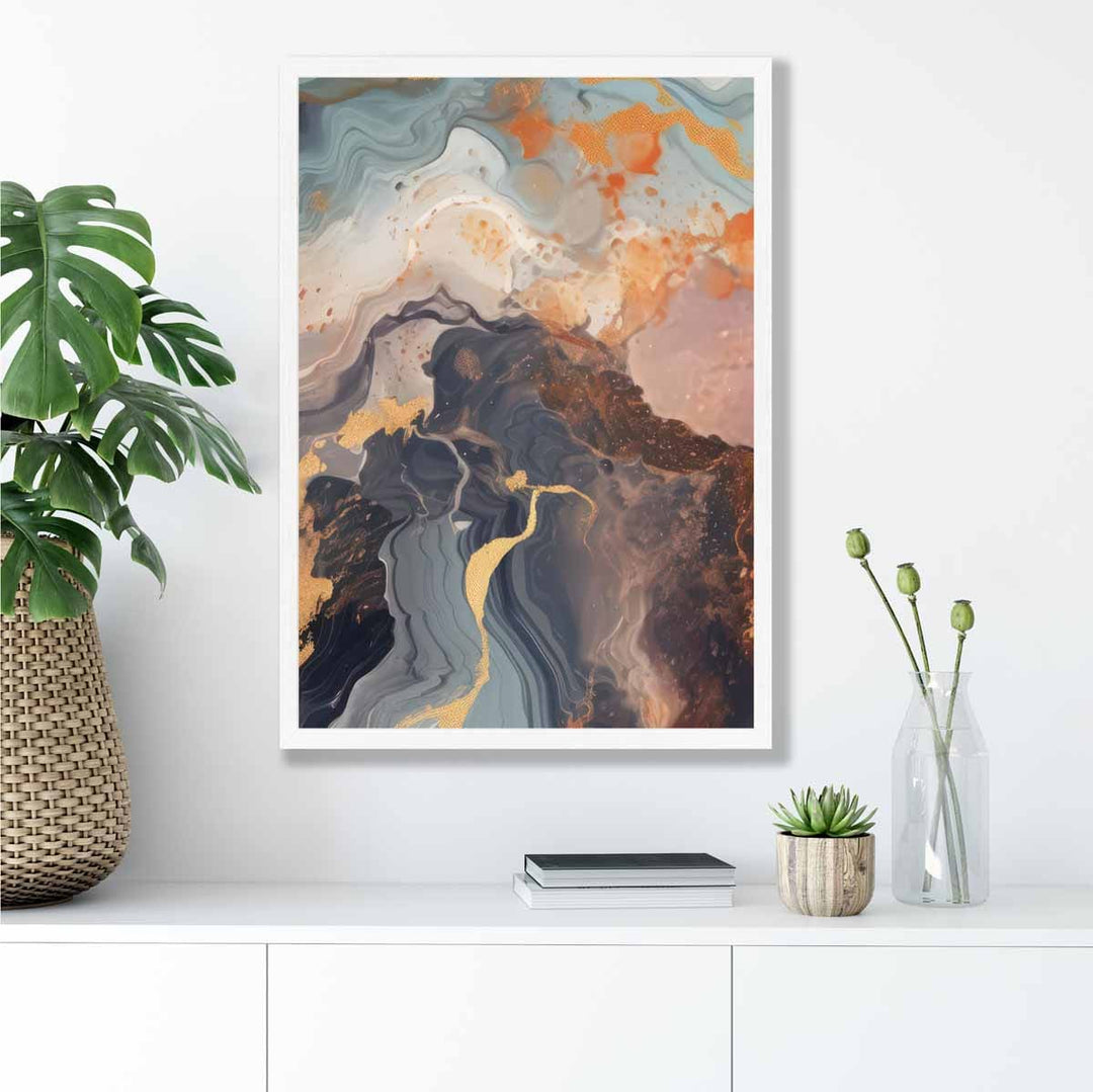 Abstrakt maleri, flytende kunsttrykk, oransje, grått og gull nr. 4