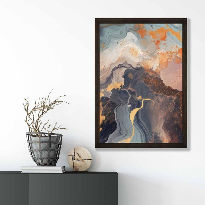 Abstrakt maleri, flytende kunsttrykk, oransje, grått og gull nr. 4