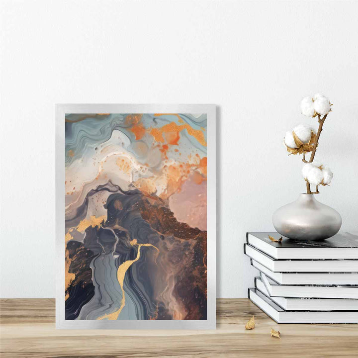 Abstrakt maleri, flytende kunsttrykk, oransje, grått og gull nr. 4
